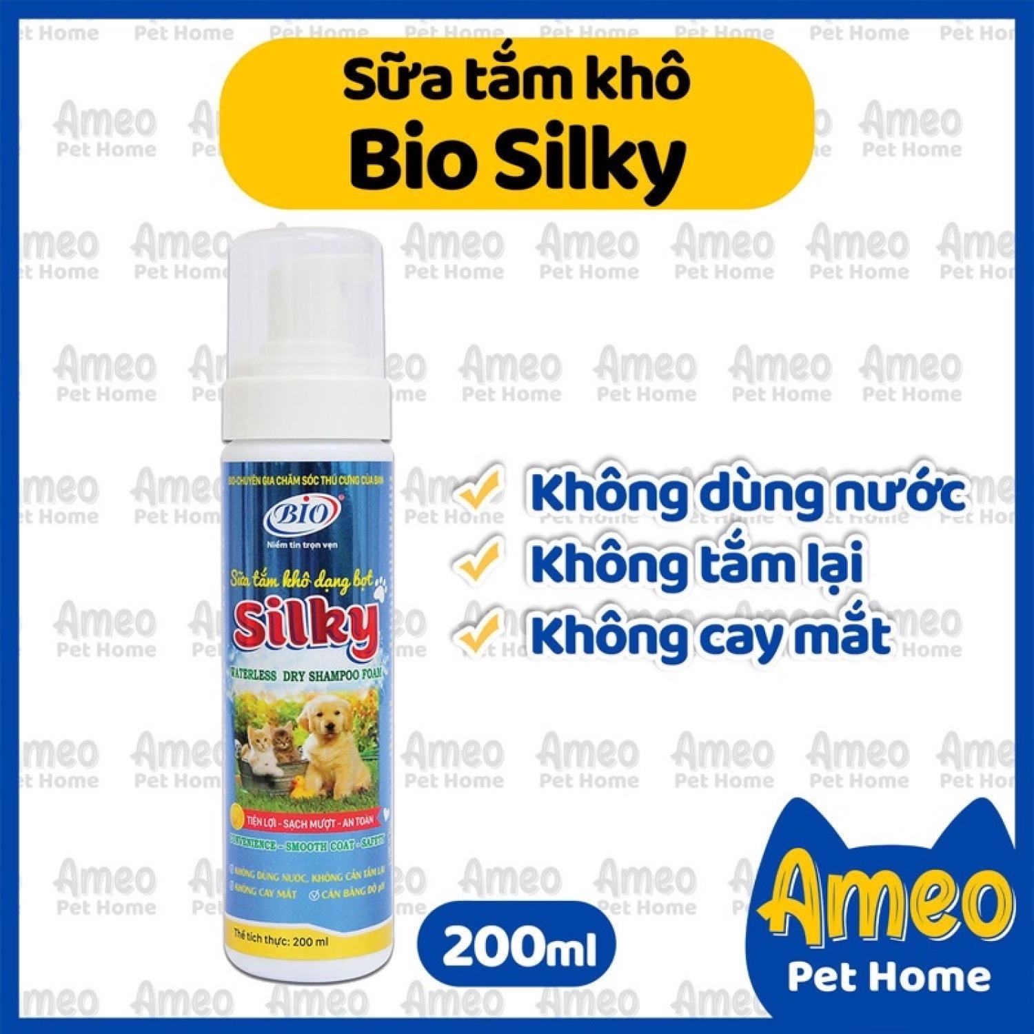 Sữa tắm khô chó mèo dạng bọt Bio Silky 200ml, xà bông khô thú cưng