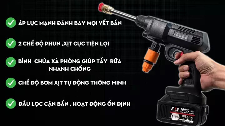 [HCM][ XẢ KHO ] Mua Máy Rửa Xe Cao Áp Chính Hãng Máy Rửa Xe Dùng Pin Hitachi Giá Rẻ - Công Suất Lớn Siêu Mạnh Với 3 Chế Độ Phun Rửa – Thiết Kế Thông Minh Đa Năng Chuyên Sử Dụng Vệ Sinh Ô Tô Xe Máy Vật Dụng Tưới Cây... BH 12 Tháng