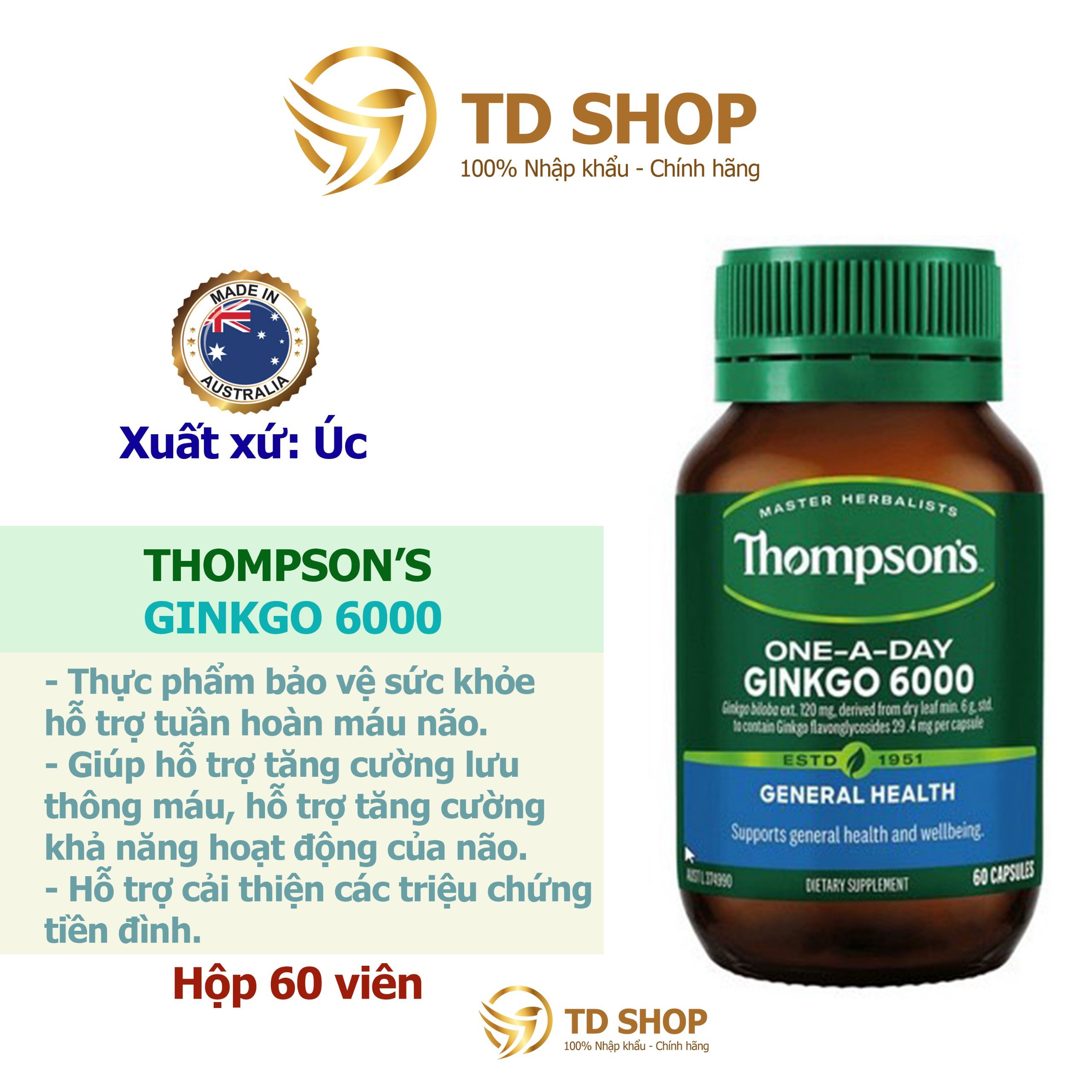 Viên uống bổ não thompson’s ginkgo 6000 úc 60 viên - td shop
