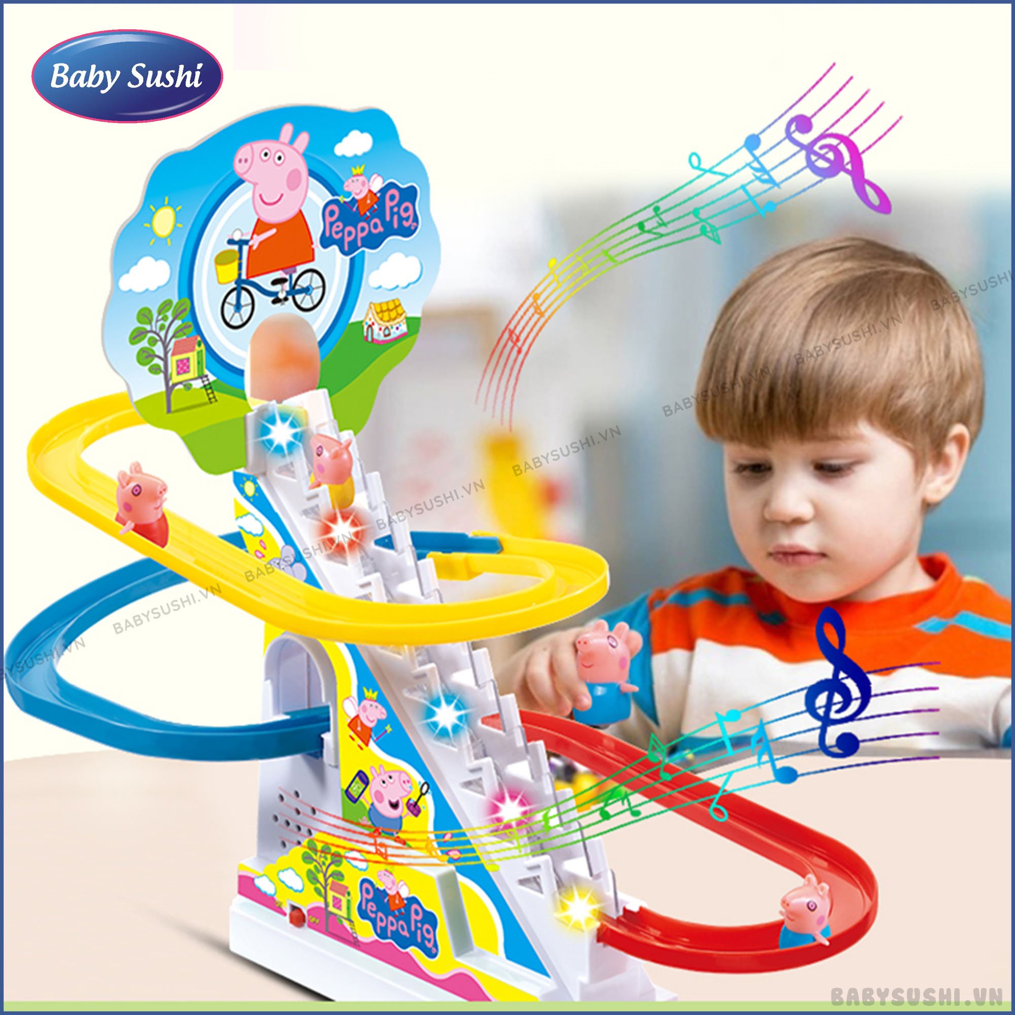 Đồ chơi cầu trượt heo peppa, Đồ chơi heo peppa leo cầu thang có nhạc vui nhộn cho bé