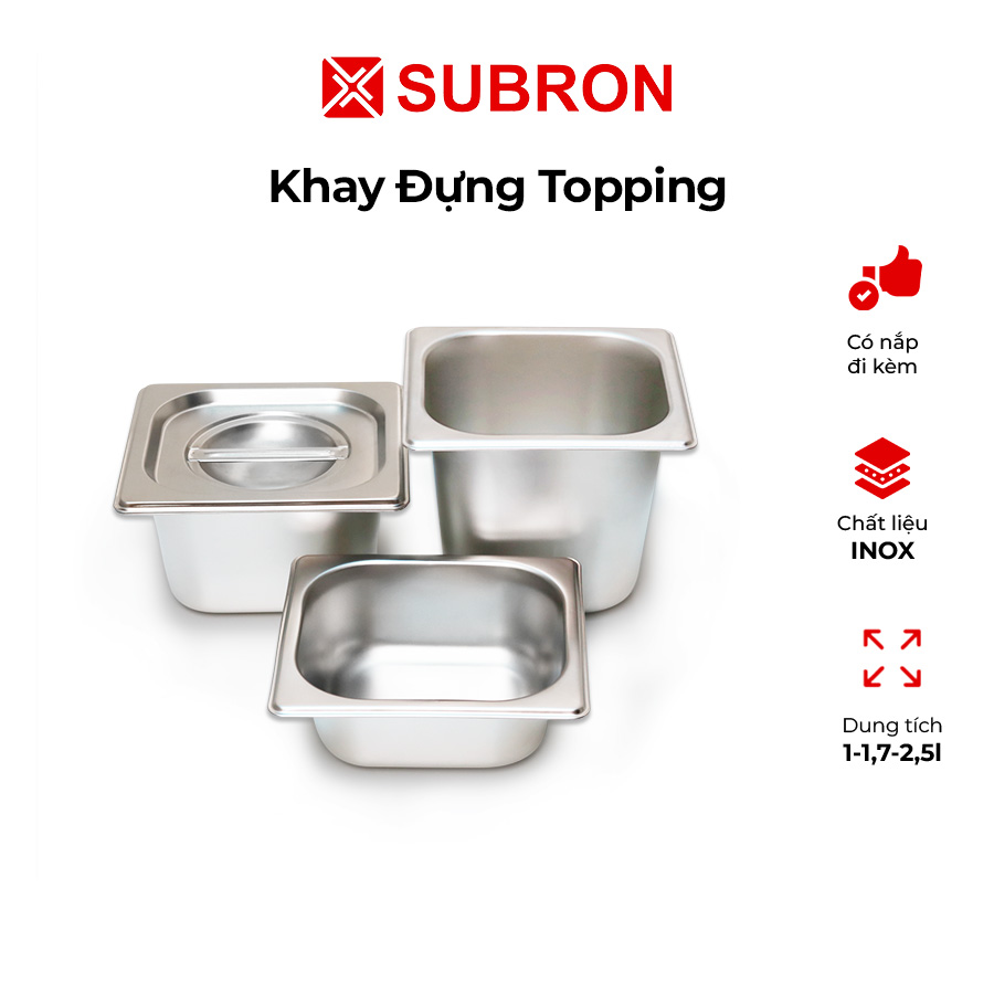 Khay inox đựng topping thạch trà sữa, khay đựng thực phẩm có nắp kích thước 1/6