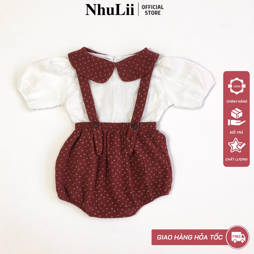 Yếm cho bé gái nhulii set quần yếm kèm áo xô muslin cao cấp cho bé 5 đến 14 kg ni035