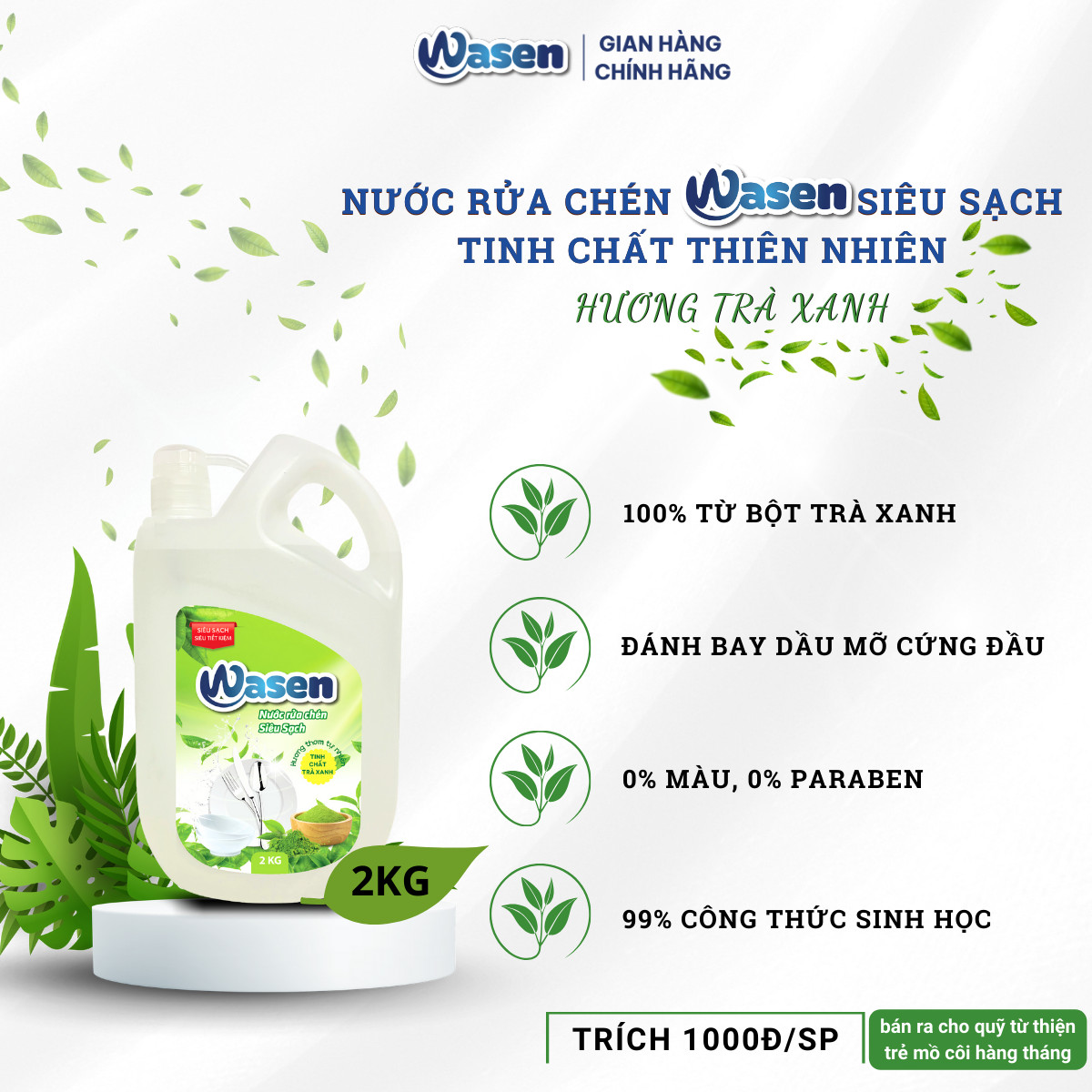 NƯỚC RỬA CHÉN 2KG WASEN SIÊU SẠCH HƯƠNG THƠM TỰ NHIÊN VỚI TINH CHẤT TRÀ XANH
