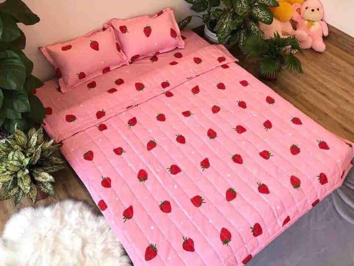 Trọn bộ chăn ga gối poly cotton combo 5 món - dâu tây hồng - 1m6x 2m