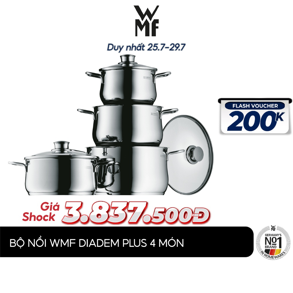 Bộ nồi wmf diadem plus 4 món chất liệu thép không gỉ cromargan cao cấp - 0730046040