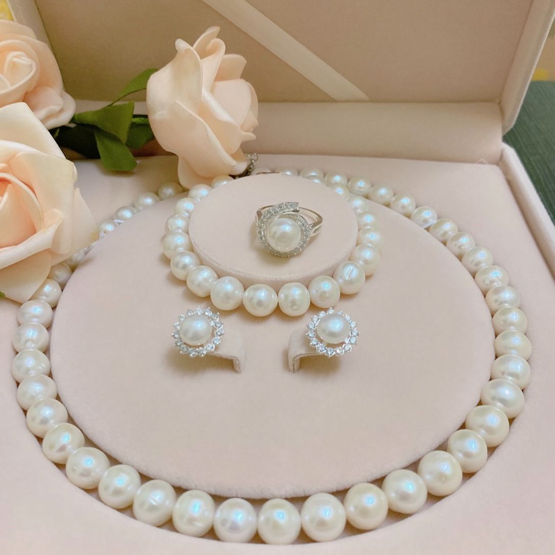 Bộ ngọc trai thật nước ngọt 11li tuyển từng viên phối bông ta và nhẫn BẠC ta gắn ngọc trai-SỈ LẺ NGỌC TRAI NÀNG XINH