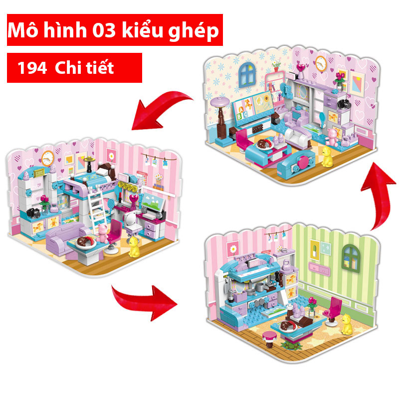 Đồ chơi lắp ráp bé trai bé gái Mô hình nhà với 3 kiểu ghép khác nhau chất liệu nhựa ABS cao cấp 194 chi tiết Block Hanhphucmart