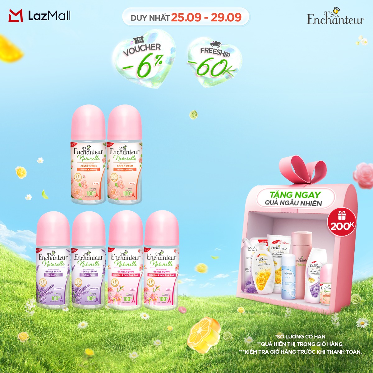 Combo 2 Serum khử mùi thiên nhiên Naturelle dịu nhẹ Enchanteur đủ mùi Lavender/Iris/Rose Pháp 50ml