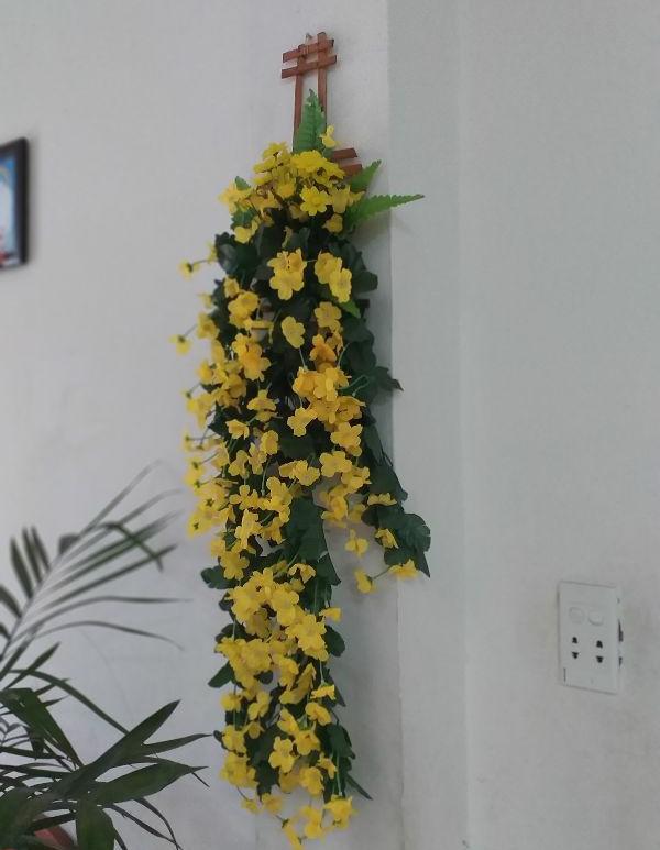 Giỏ hoa rũ treo tường có mành trúc