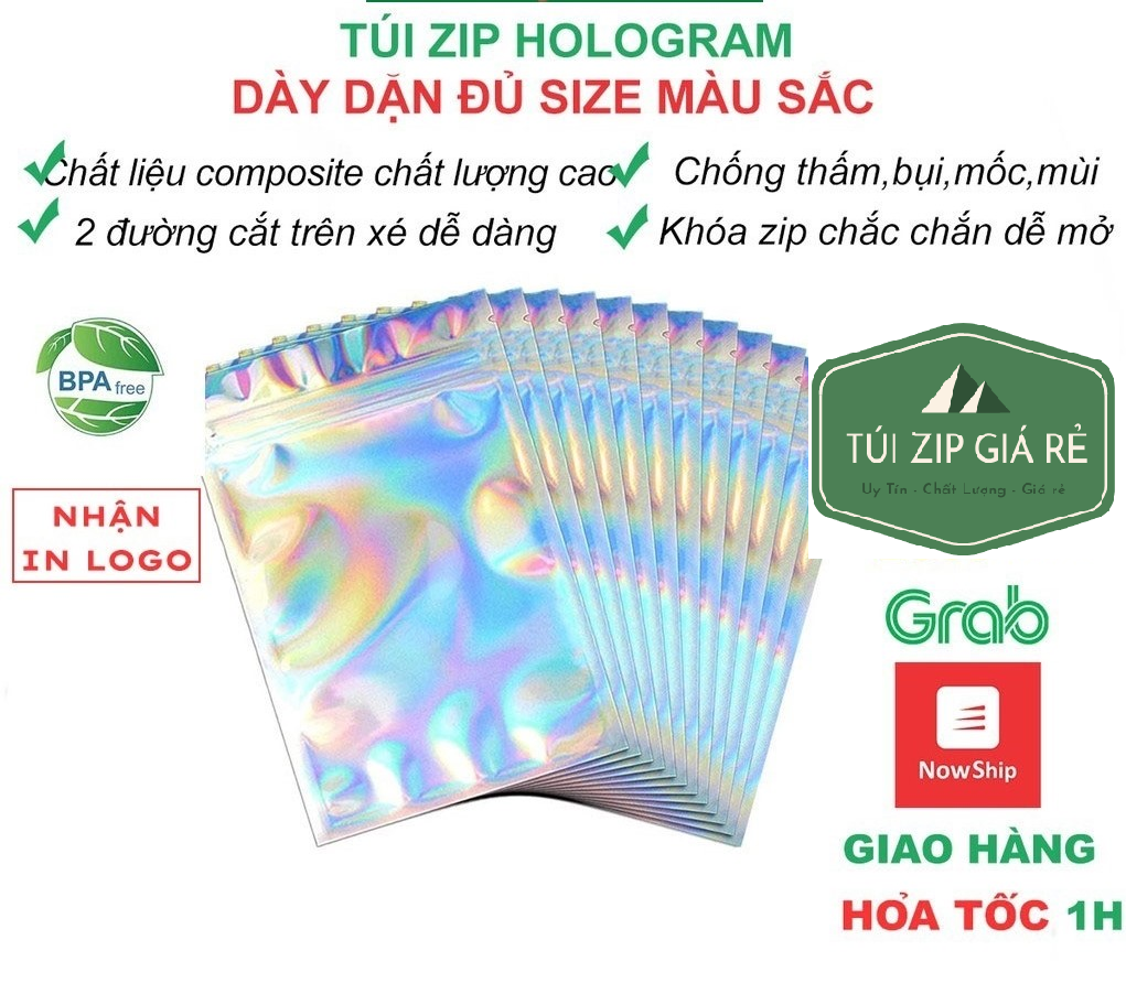 Túi Zip Hologram màu sắc , combo 10 túi gói hàng nhỏ đủ size đựng phụ kiện thực phẩm đa năng