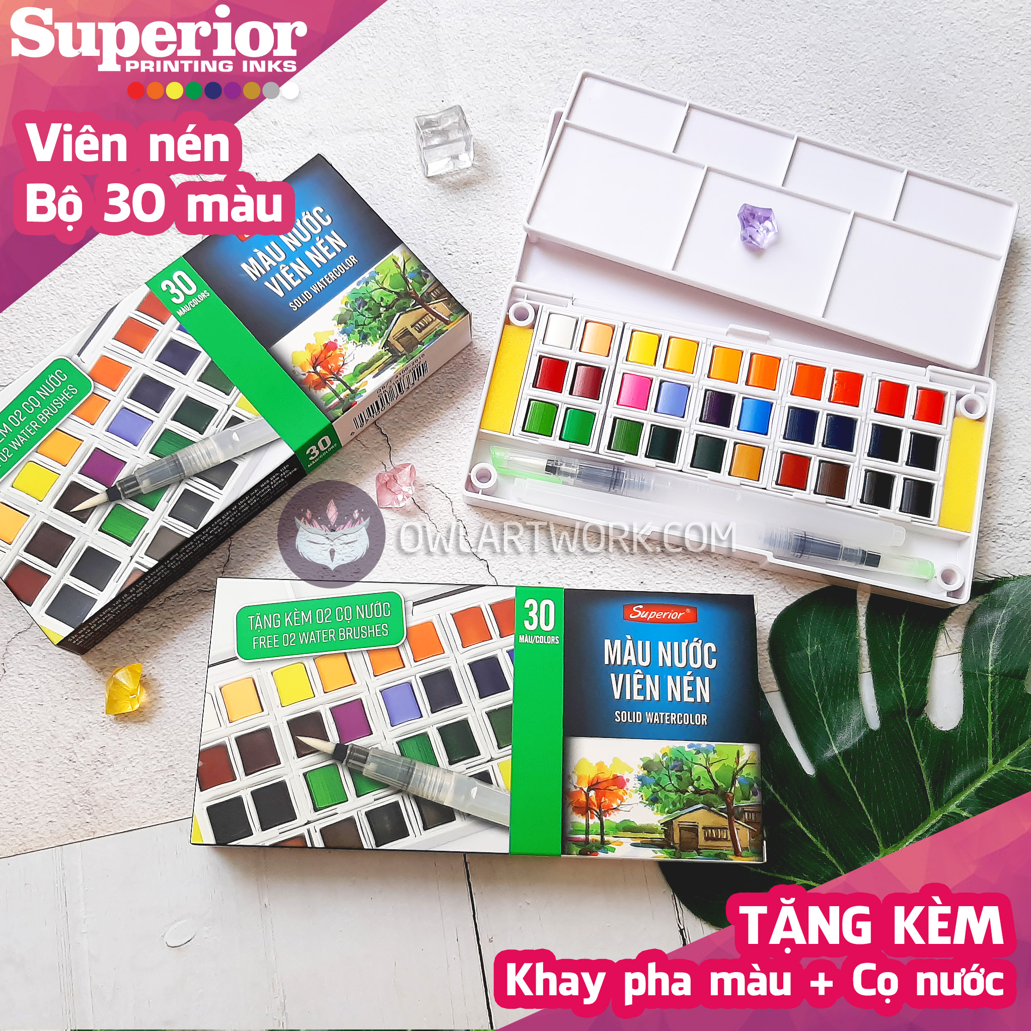 Màu nước superior nén - set 30 màu - tặng kèm cọ nước