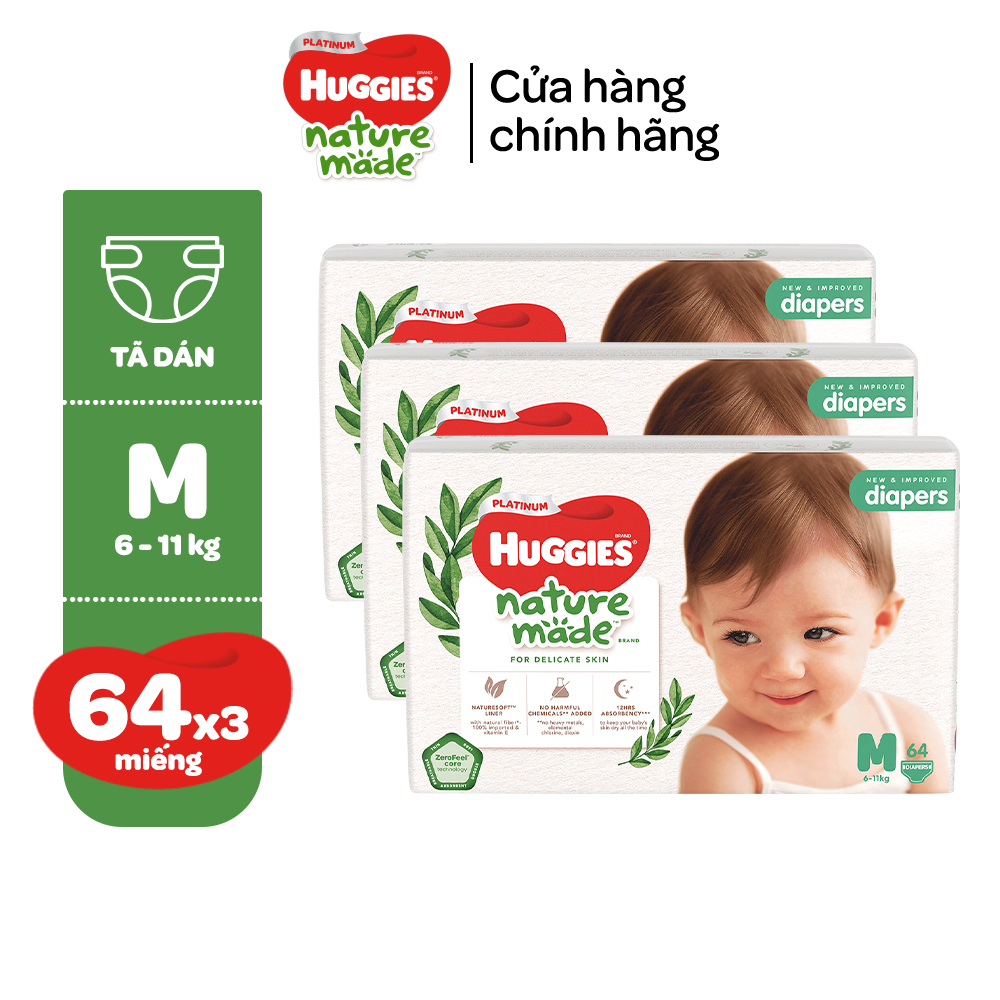 Combo 3 Tã/Bỉm dán Huggies Platinum NatureMade M64/L54/XL44