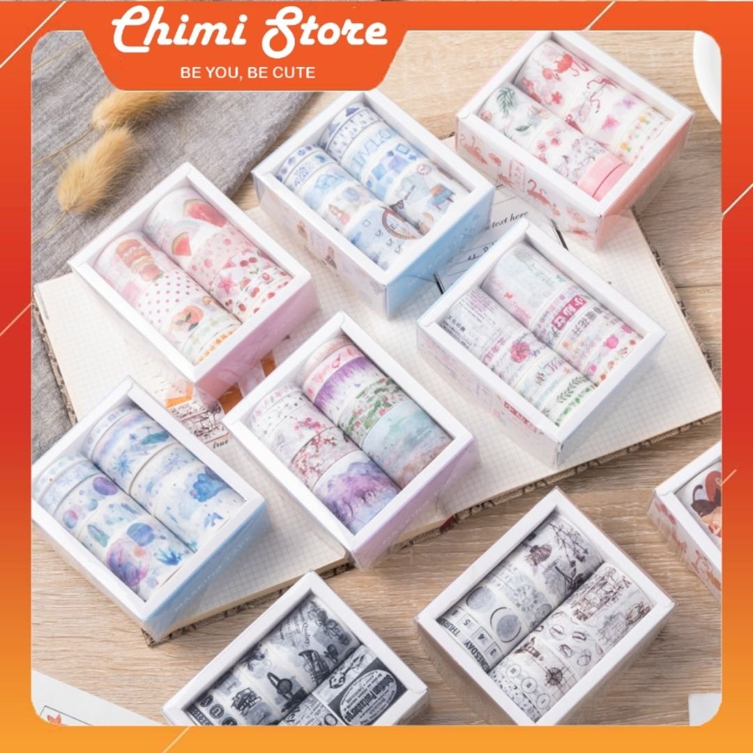 Washi tape Chimi PK024, băng keo giấy Nhật Bản, chất liệu giấy keo cao cấp, một hộp gồm 10 cuộn washi tape phong cách lưu lan, tiểu thư lãng mạn