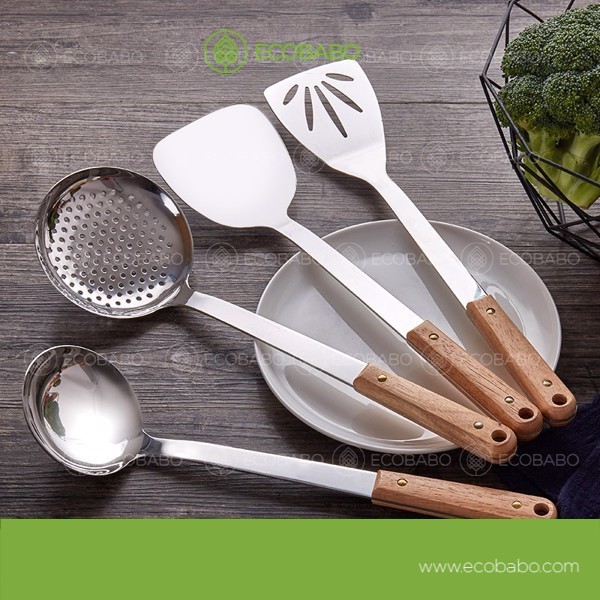 Bộ dụng cụ muôi xẻng inox chổng gỉ chống dính cán gỗ 4 chiếc | Ecobabo