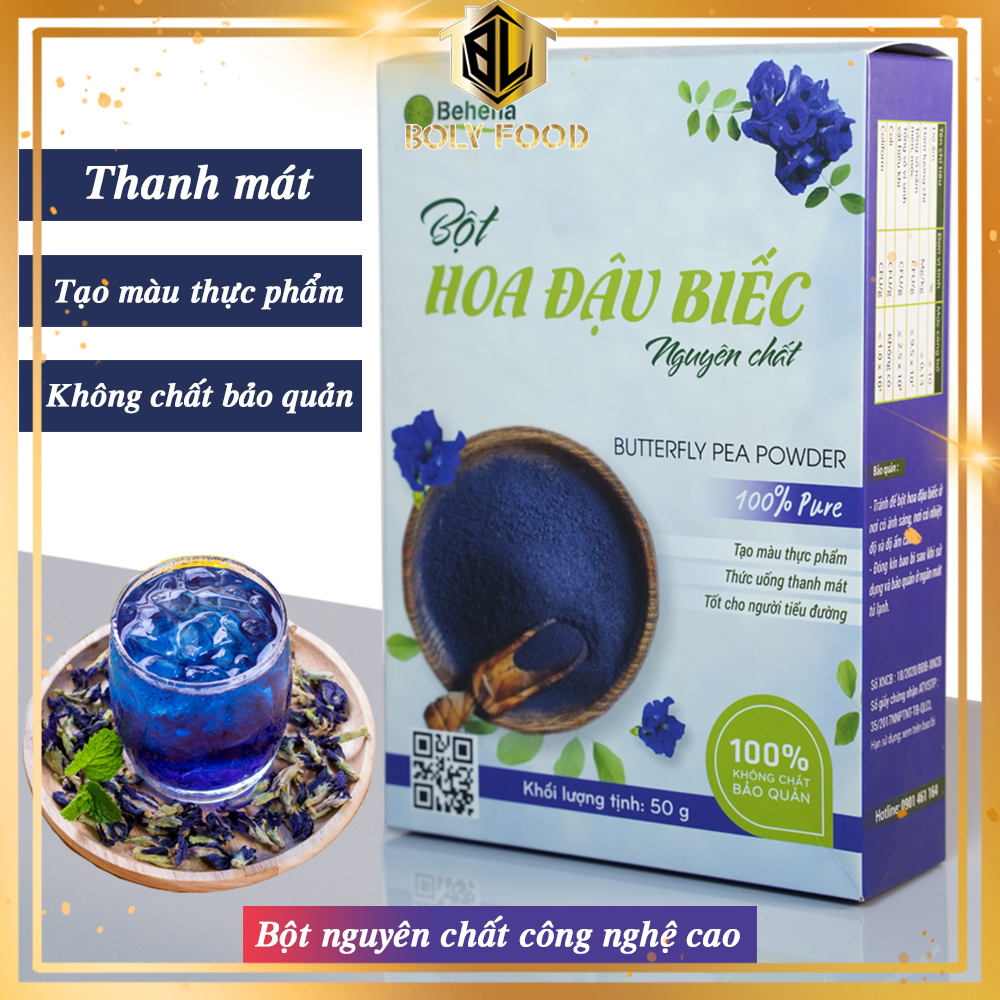 Bột hoa đậu biếc Behena thanh mát - Tạo màu thực phẩm hộp 50g - Bolyfood