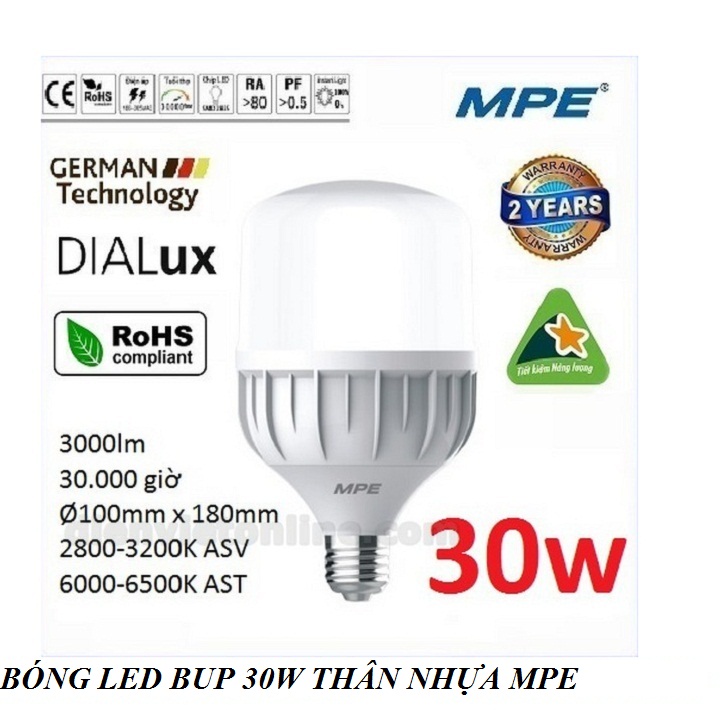 [HCM]BÓNG ĐÈN LED BUP 30W MPE BÓNG LED TRỤ 30W MPE THÂN NHỰA LBD-30