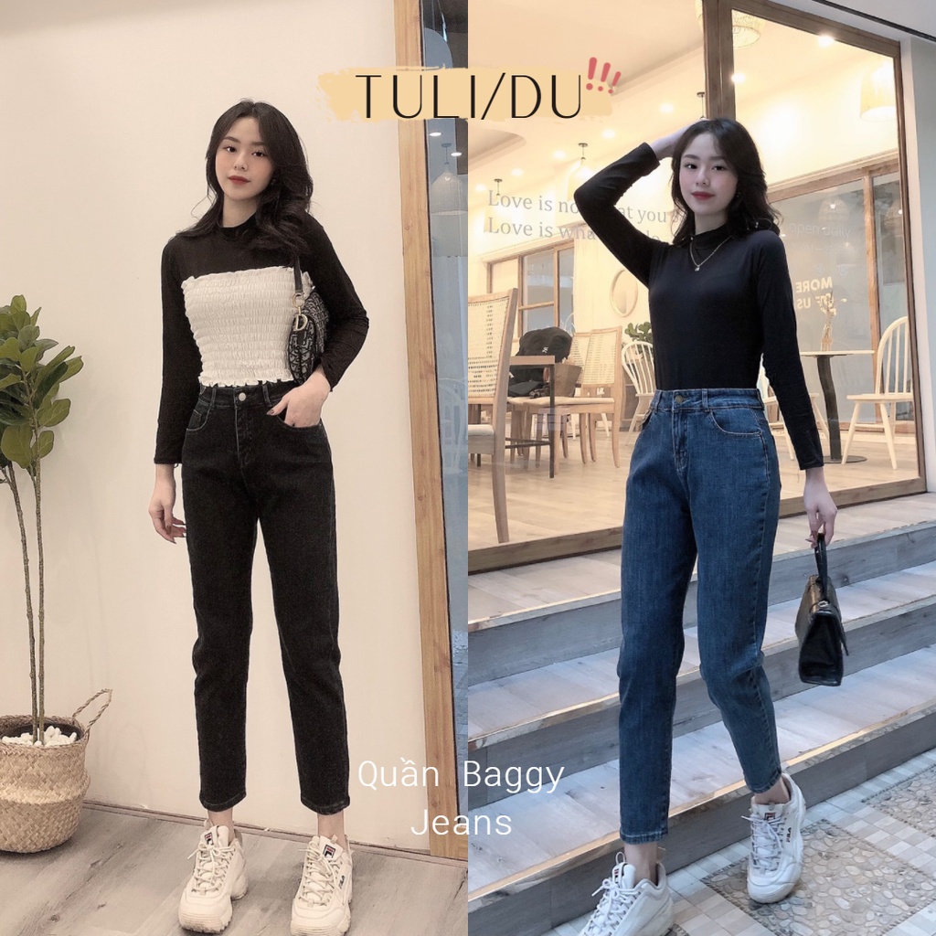 Quần bò baggy nữ co giãn cạp lưng cao trơn - quần baggy jean nữ có bigsize