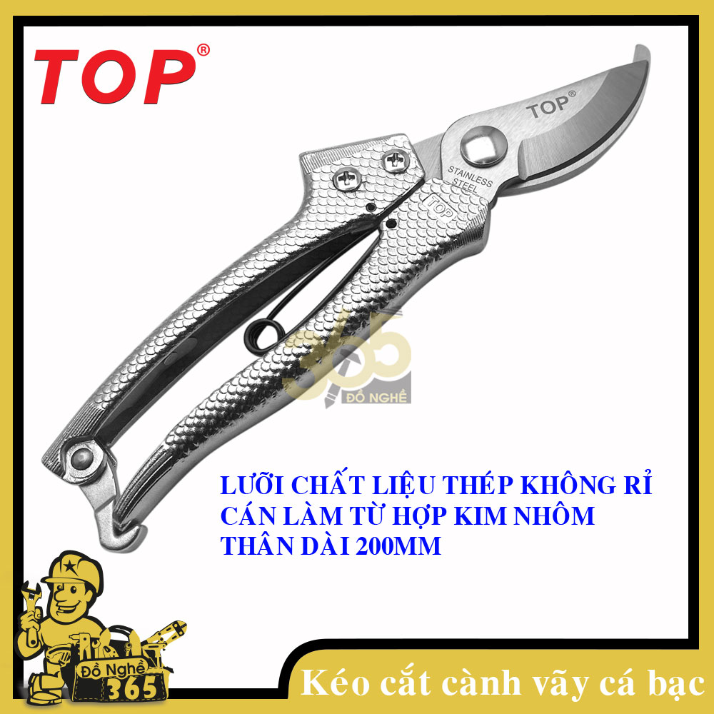 Kéo cắt cành 8" mỏ cong, cán vảy cá màu bạc hiệu TOP - , Kéo chuyên phục vụ làm vườn tạo dáng cắt tỉa cây cảnh và hái quả có thể cắt nhiều vật dụng mềm phục vụ nội trợ gia dụng