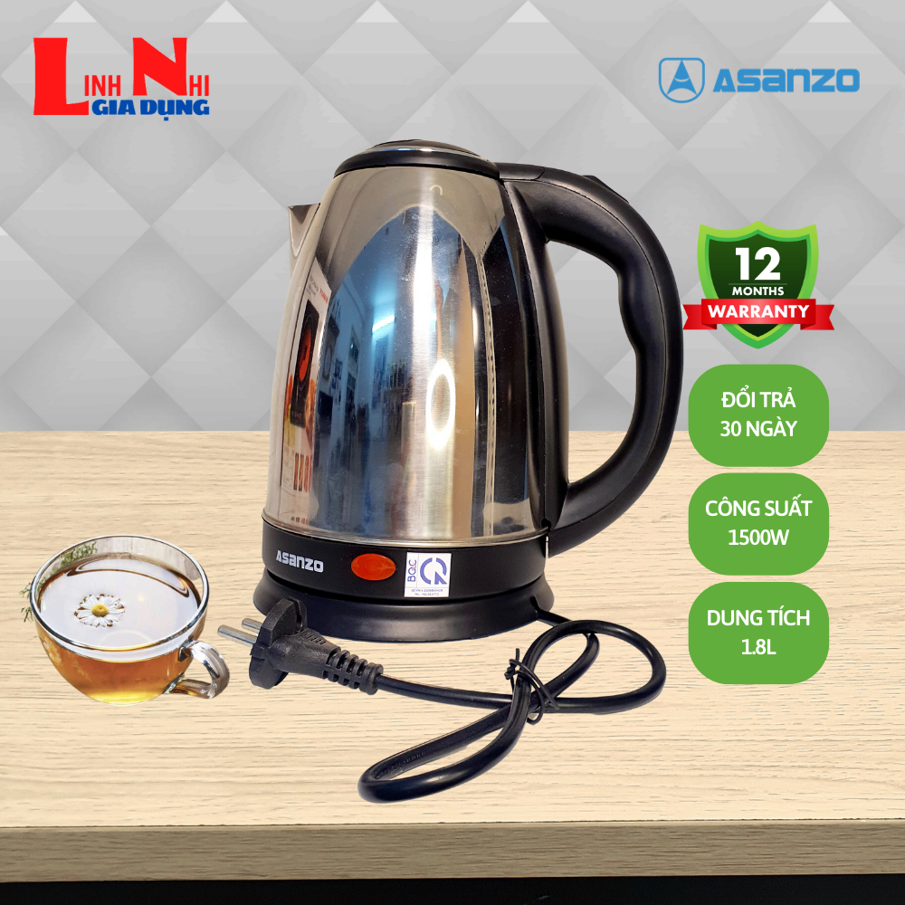 Ấm Đun Siêu Tốc 1.8 Lít Asanzo SK-1800 Công Suất 1500W Thân Inox Sạch Sẽ Mau Sôi- Gia Dụng Linh Nhi