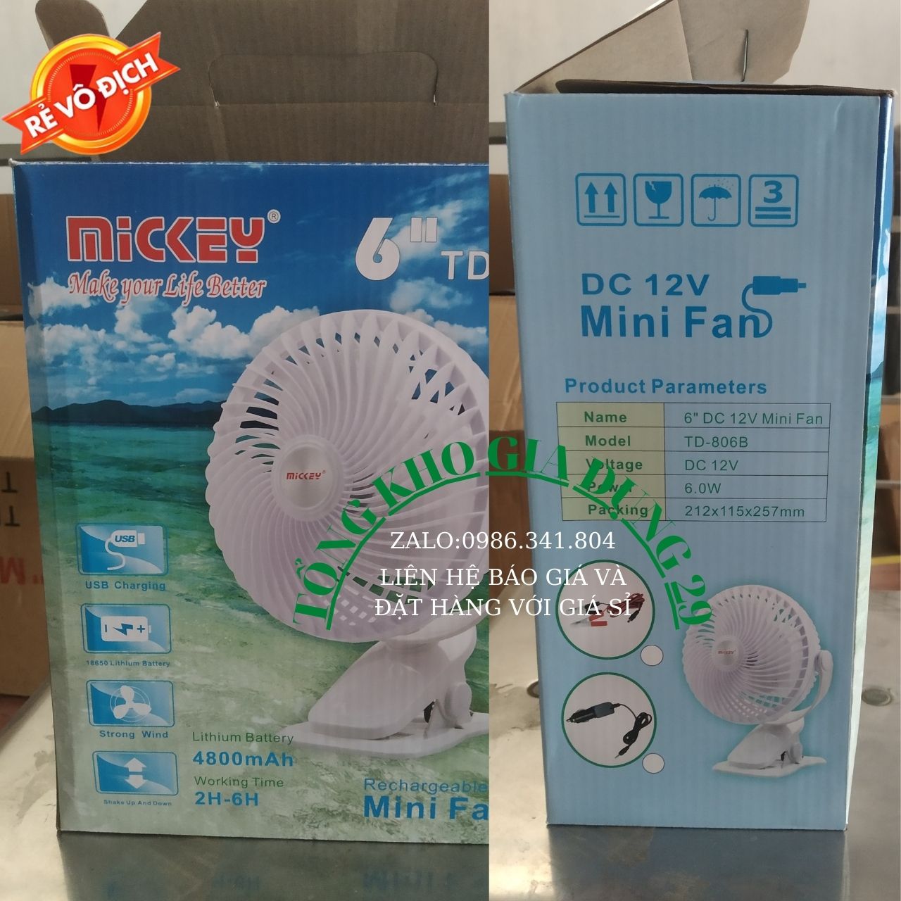 Quạt tích điện mini, Quạt kẹp, Quạt cầm tay, Quạt mickey TD-806 6"