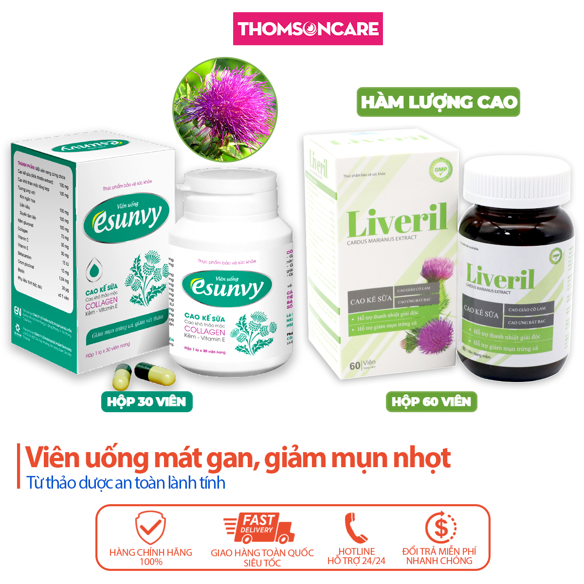 Viên uống ngừa mụn Esunvy hoặc Liveril hàm lượng cao - sạch mụn mát gan từ Thảo dược giảm mụn trứng cá mụn bọc mụn cám đầu đen da dầu từ cao kế sữa biotin Thomsoncare