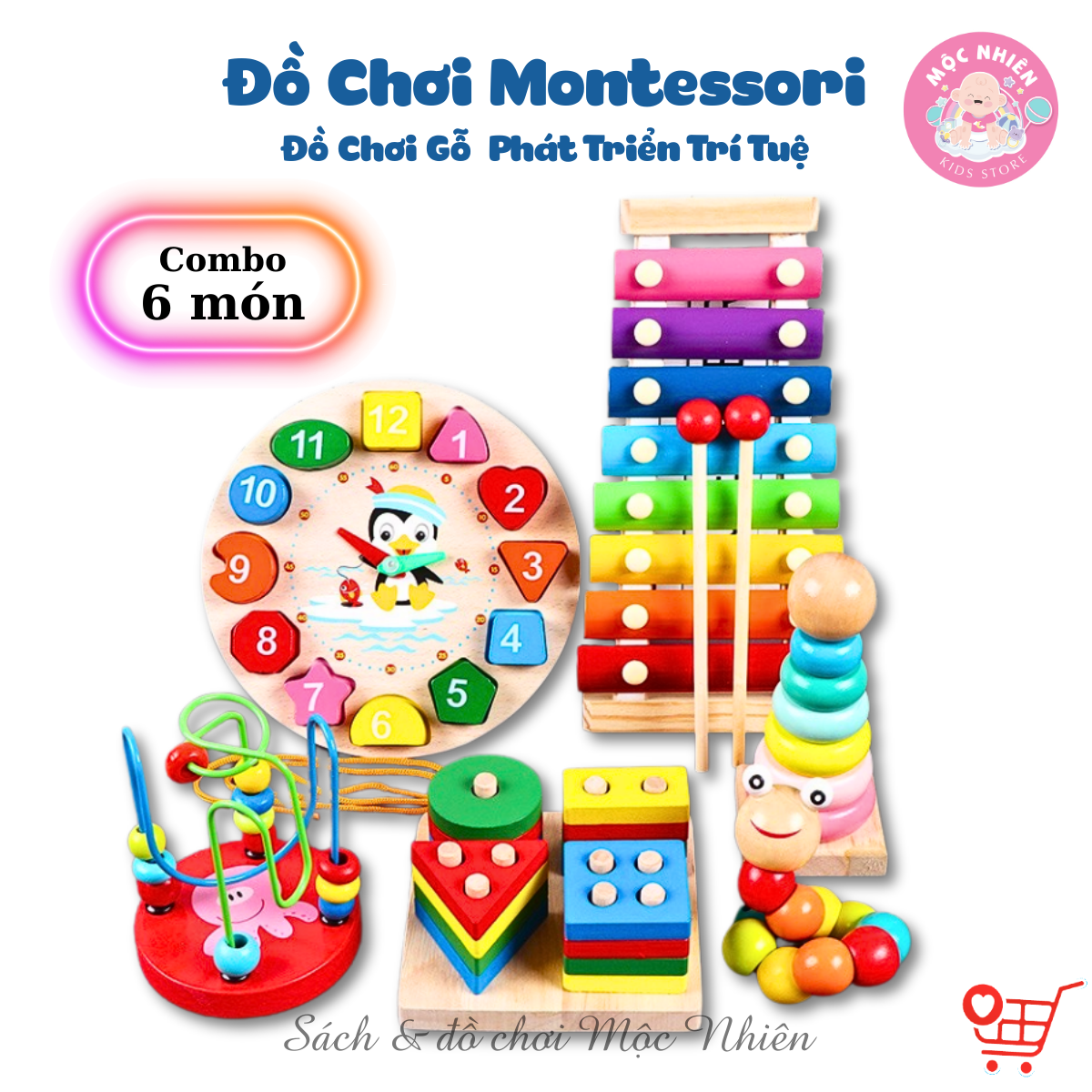 Combo 6 món đồ chơi gỗ montessori phát triển trí tuệ cho bé.