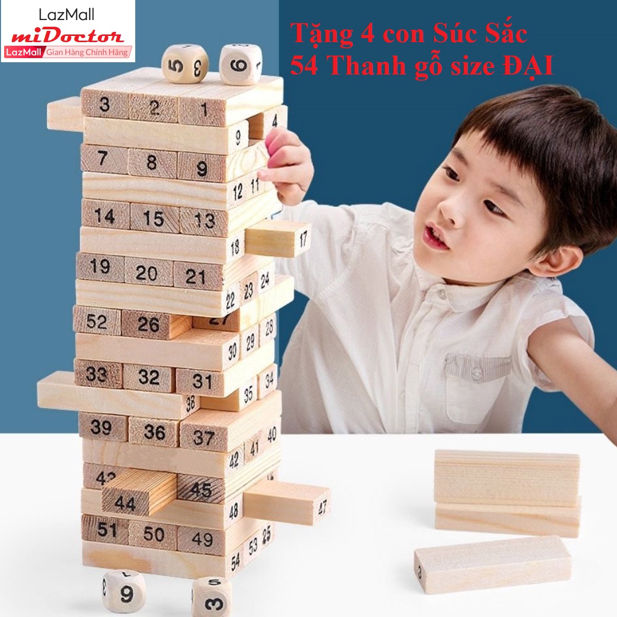 Đồ Chơi Rút Gỗ Size Lớn – 51*17*9MM – Cao Cấp - 54 Thanh Gỗ Kèm 4 Con Súc Sắc Cho Bé – Bộ Đồ Chơi Rút Gỗ Cao Cấp – Chính Hãng miDoctor