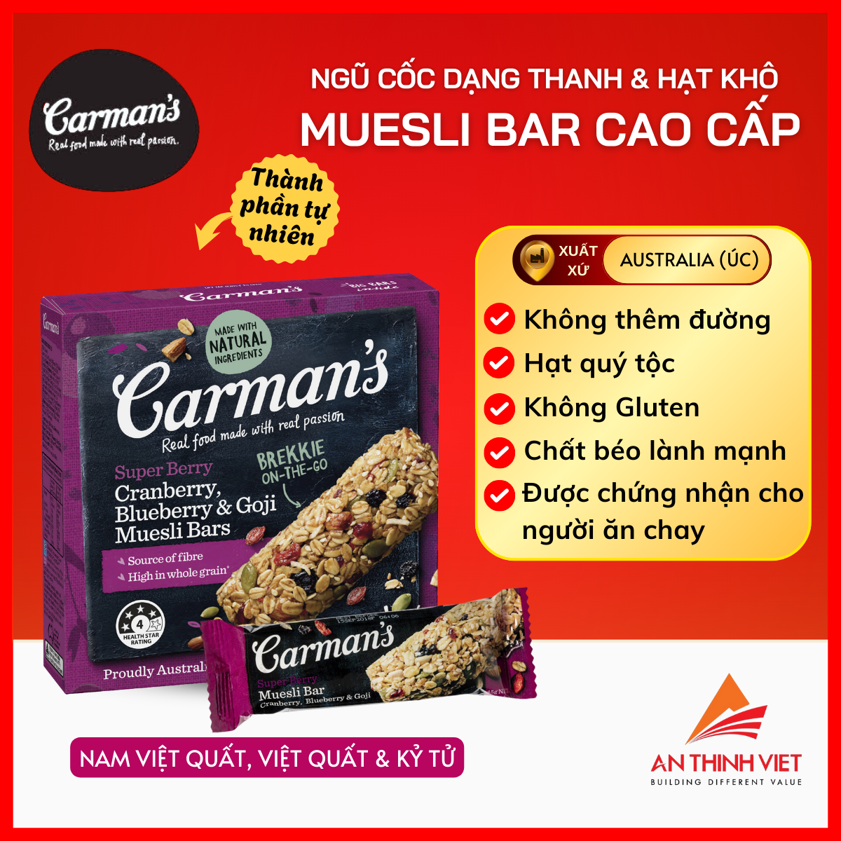 Thanh Hạt ăn kiêng Quả Mọng Carman's - Super Berry Muesli Bar Cranberry Blueberry Goji hộp 270g