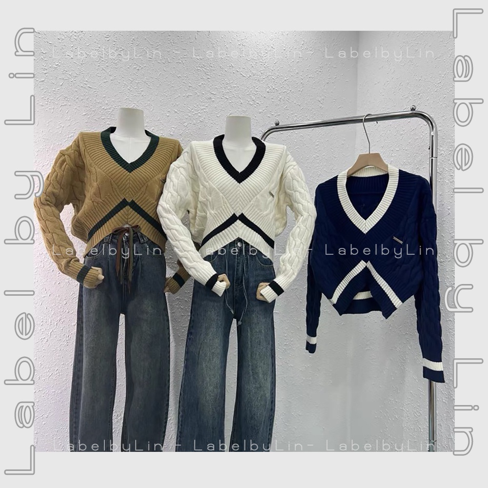 Áo len croptop cổ V thiết kế viền sọc - Phong cách Hàn Quốc siêu dễ thương