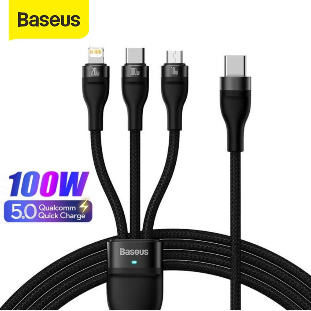 Dây sạc nhanh 3 đầu 100W Baseus - Cáp sạc 3in1 type c ip micro usb led hiểm thị dùng cho iphone samsung xiaomi laptop ...