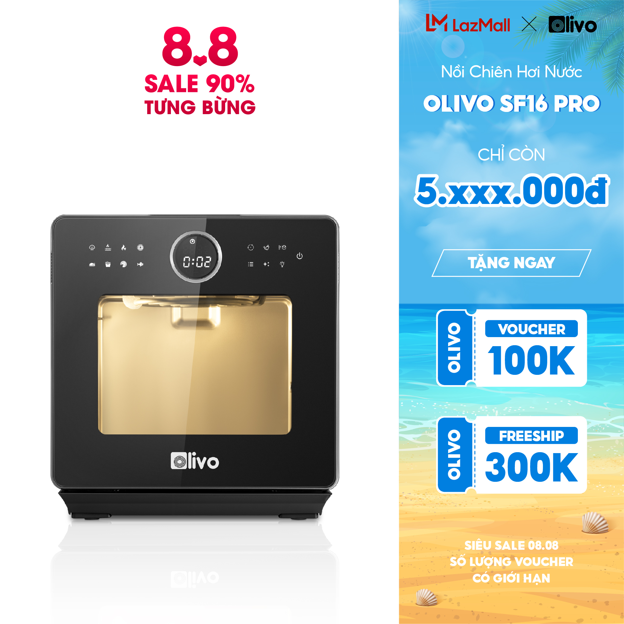 Nồi chiên hơi nước olivo sf16 pro – 56 chức năng – dung tích 16l – phụ kiện trục xiên quay – công suất 2800w