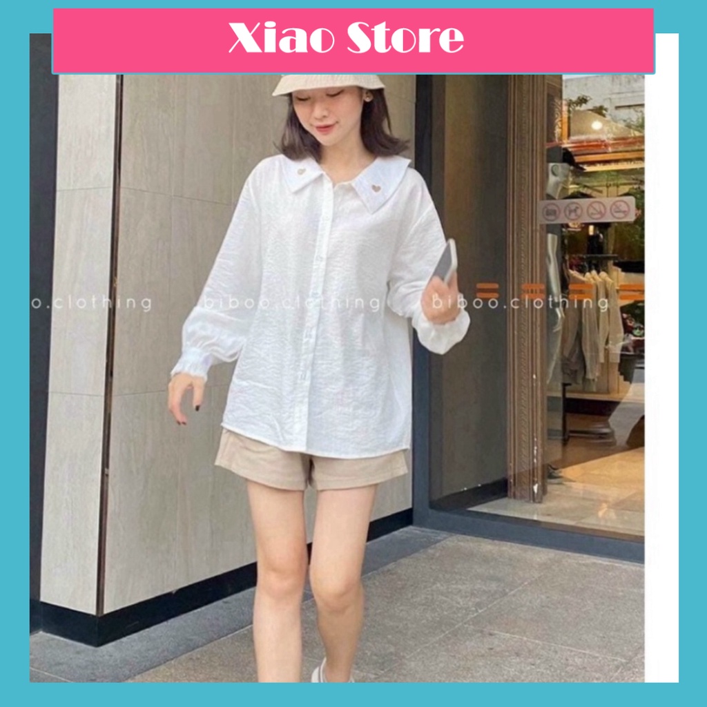 Áo sơ mi nữ dài tay form rộng thêu trái tim vải đũi 2 màu basic ullazang babydoll hot trend babydoll chất đẹp mầu trắng,