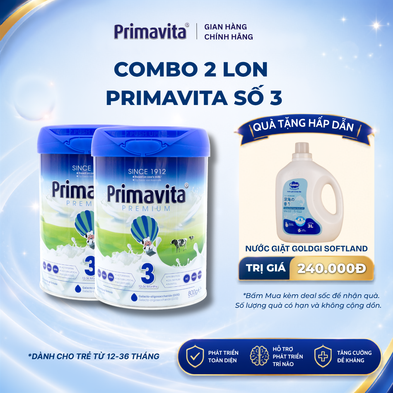 Combo 2 Sữa bột Primavita Premium số 3 phát triển toàn diện, tăng cường miễn dịch tự nhiên cho bé (12-36 tháng tuổi)