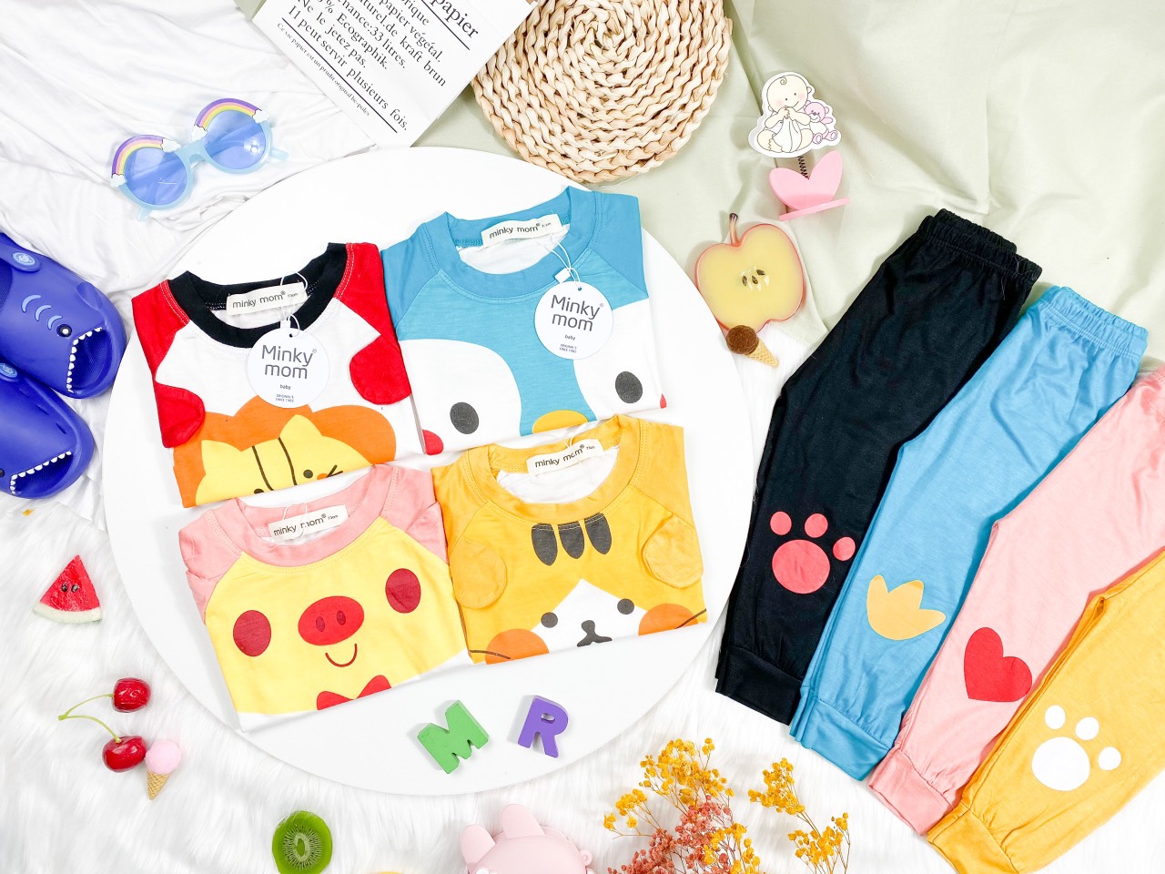 ***FREESHIP HCM*** Minky mom Bộ thun lạnh tay ngắn quần dài in hình đắp,đắp tai động vật cho bé trai bé gái từ 8-28kg