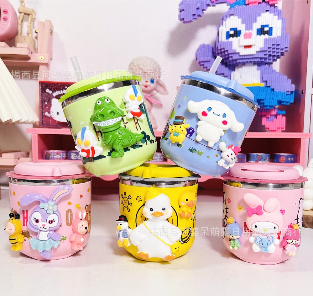 Mẫu mới ly uống nước inox cho bé nắp xoay kèm ông hút hello kitty, doraemon, mickey 270ml