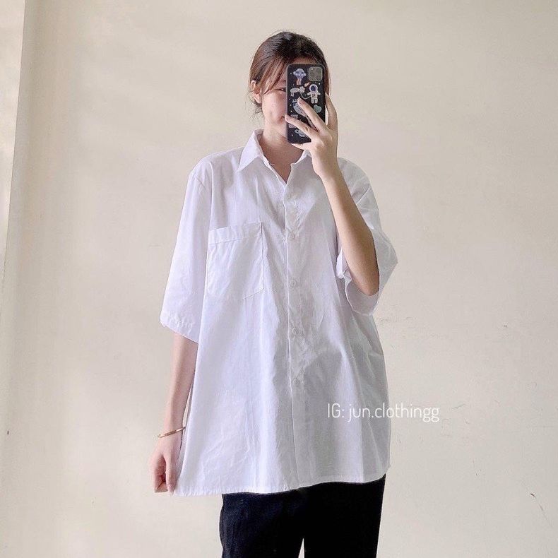 Áo sơ mi tay lửng màu trắng form rộng chuẩn ảnh b78