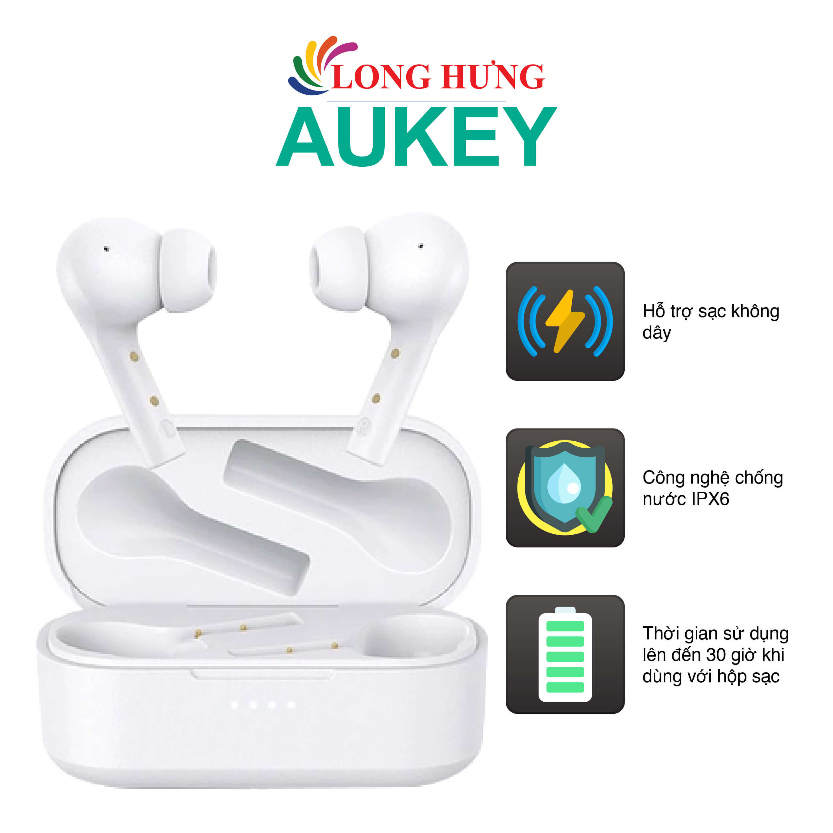Tai nghe Bluetooth True Wireless Aukey EP-T21P - Hàng chính hãng - Kiểu dáng thời trang, viên pin lớn, chống nước IPX5