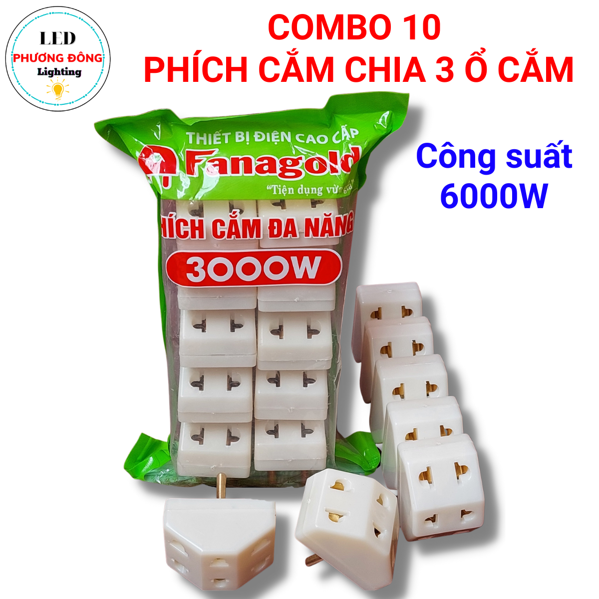 Combo 10 Phích cắm chia 3 ổ cắm 3000W Loại Tốt