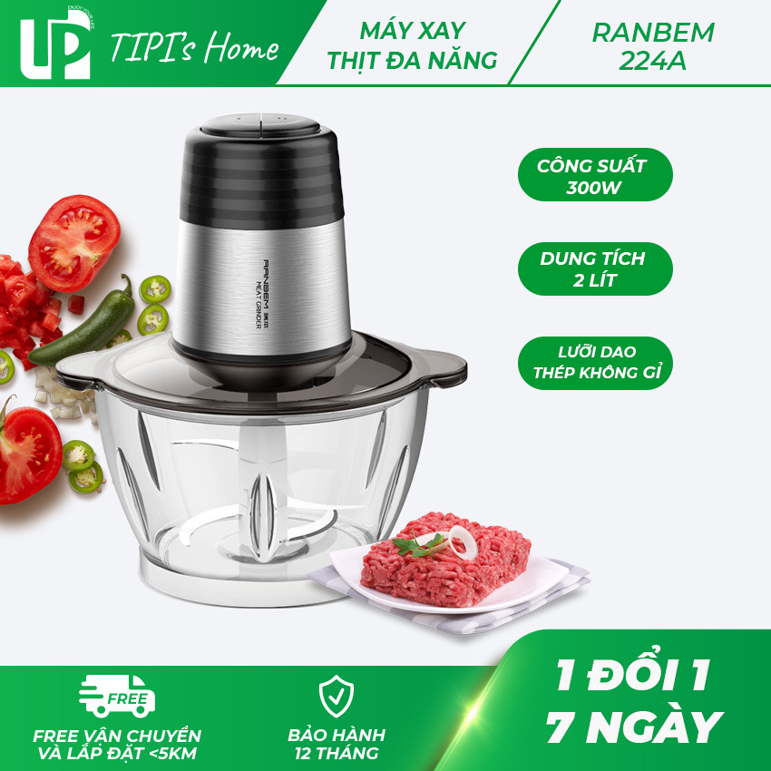 Máy xay thịt cá đa năng thủy tinh/inox Ranbem Model 224A 300W, hàng chính hãng, 2 tốc độ lưỡi kép bảo hành 12 tháng - Tphome