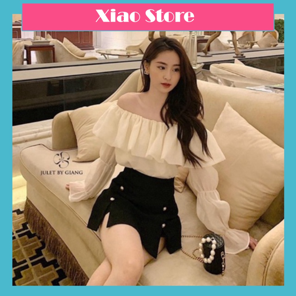 Áo sơ mi trễ vai 2 lớp hàng mới_001 babydoll chất đẹp mầu trắng, đen xiao shop