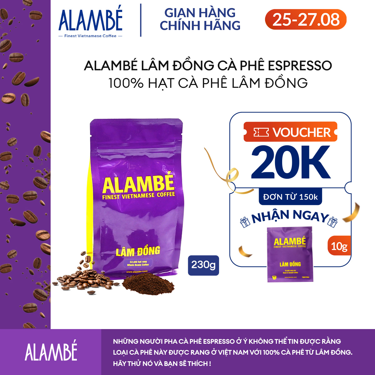 ALAMBÉ Lâm Đồng 230g - Cà phê rang xay/nguyên hạt Arabica & Robusta, cà phê kiểu ý, vị đắng sô-cô-la đen với hương vani, đậm đà, hậu ngọt