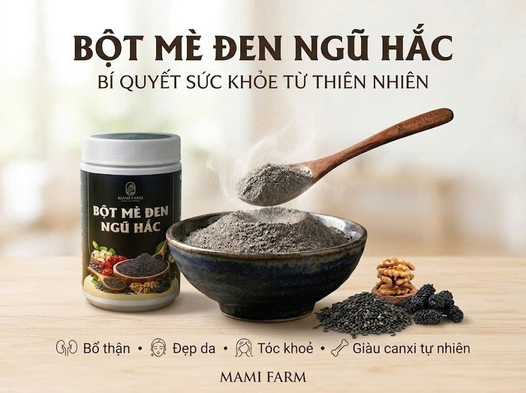 Bột mè đen ngũ hắc Mami Farm - Thành phần thiên nhiên mè đen, dâu tằm, hắc kỉ tử, hạt sen, hạt óc chó,...