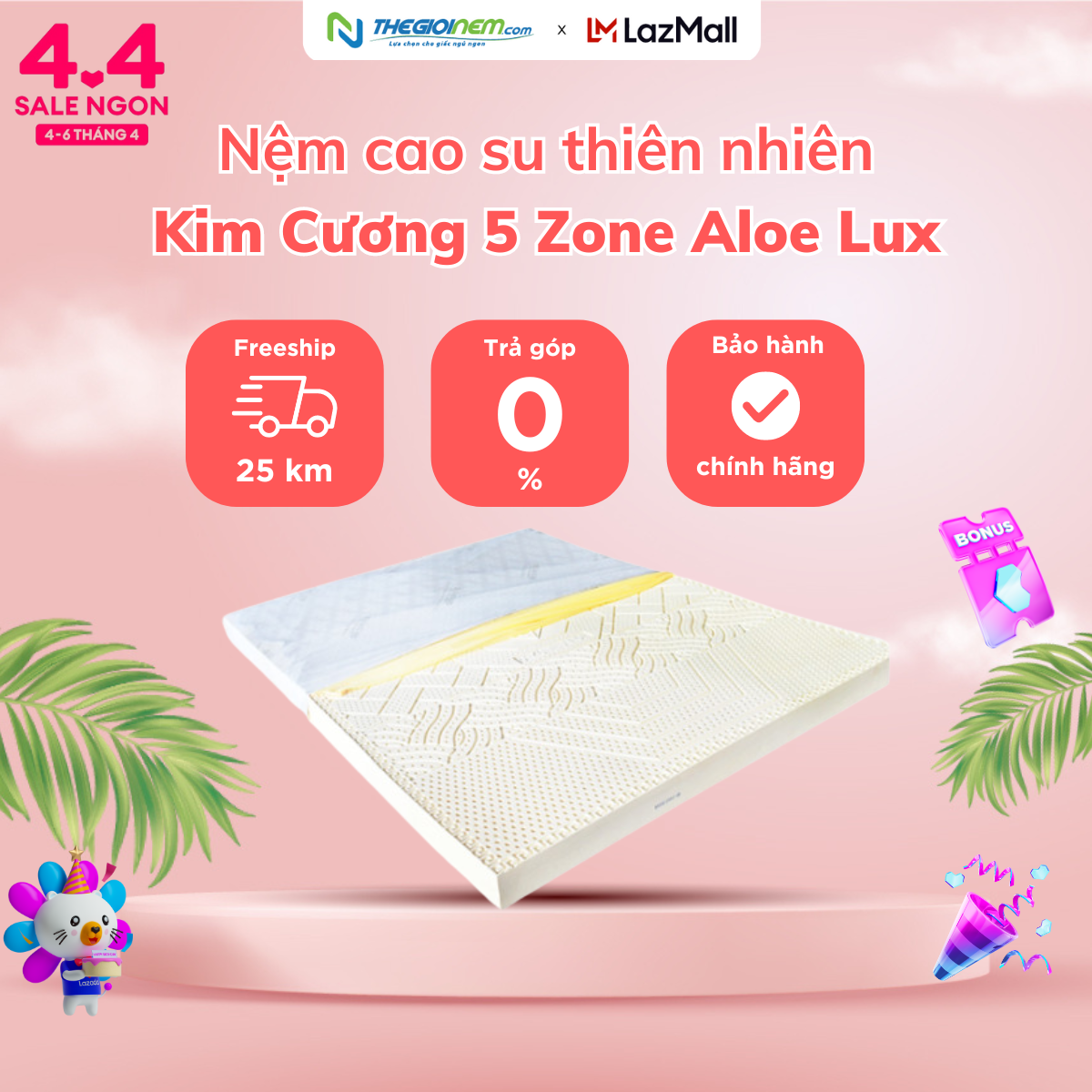 [Trả góp 0%] Nệm nằm Cao Su thiên nhiên Kim Cương 5 ZONE ALOE 180x200x15cm-Bảo hành 12 năm.