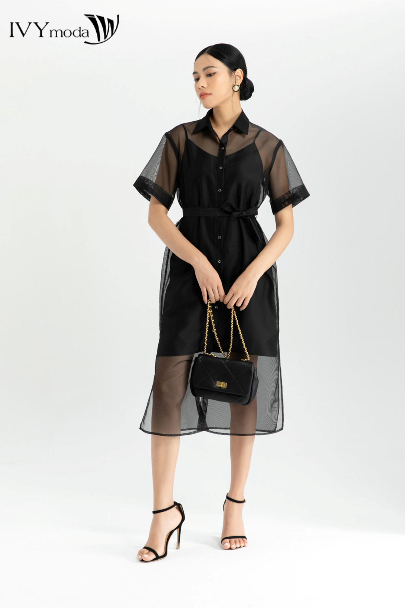 Đầm lưới dáng sơ mi cổ đức thiết kế IVY moda MS 48M6353