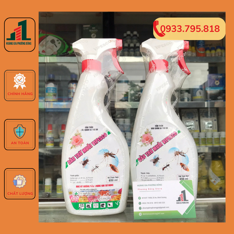 Dầu trừ muỗi Vipesco - bình xịt muỗi pha sẵn - Chai 650ml (hương chanh, hương hoa hồng )