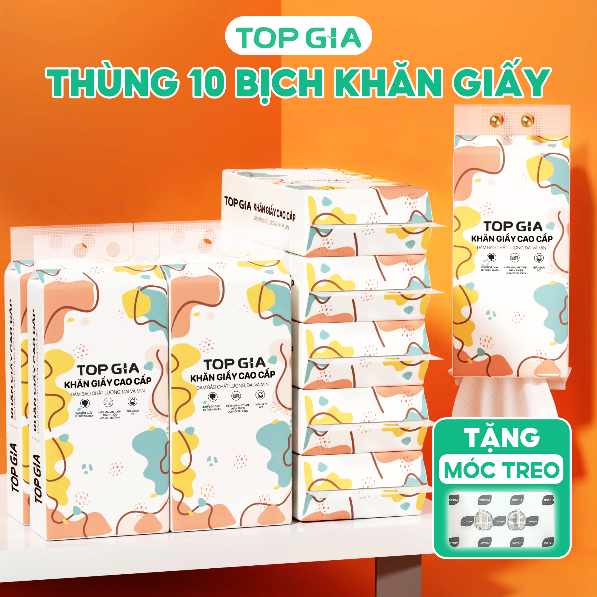  Thùng 10 bịch khăn giấy rút Top Gia treo tường đa sắc 1280 tờ dập vân 4D siêu dai và mềm mịn 