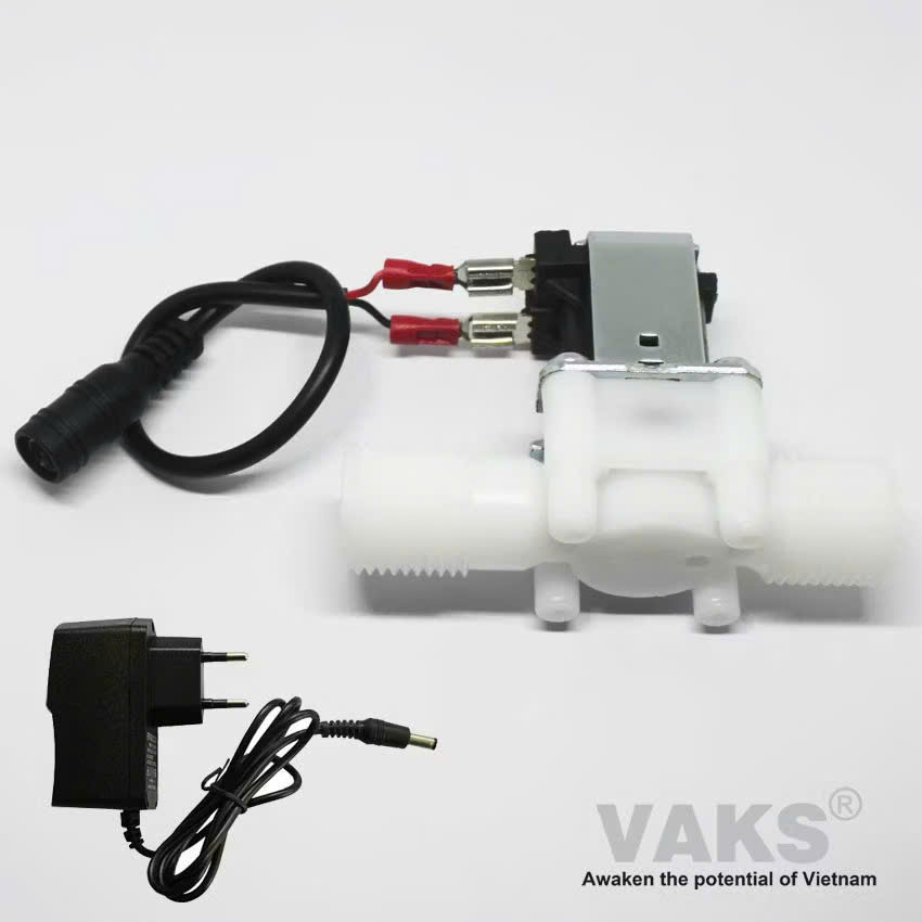Bộ van điện từ 24V DC ren ống nước 21mm N/C (thường đóng) + kèm adapter 24V DC, 1A: Vcom 21