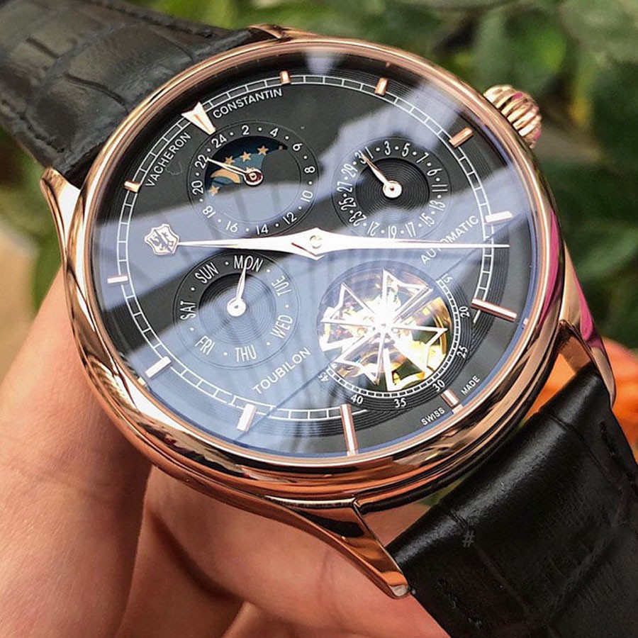 Đồng hồ Nam Vacheron constantin cơ tự động 6kim máy Nhật mặt đen vỏ vàng