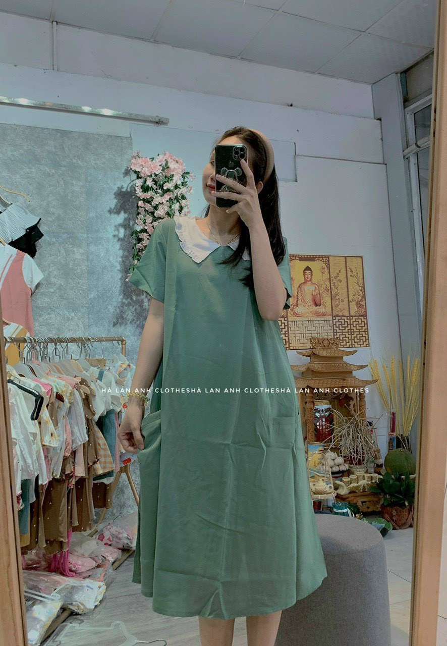 Đầm bầu váy bầu cổ sen túi xinh xắn