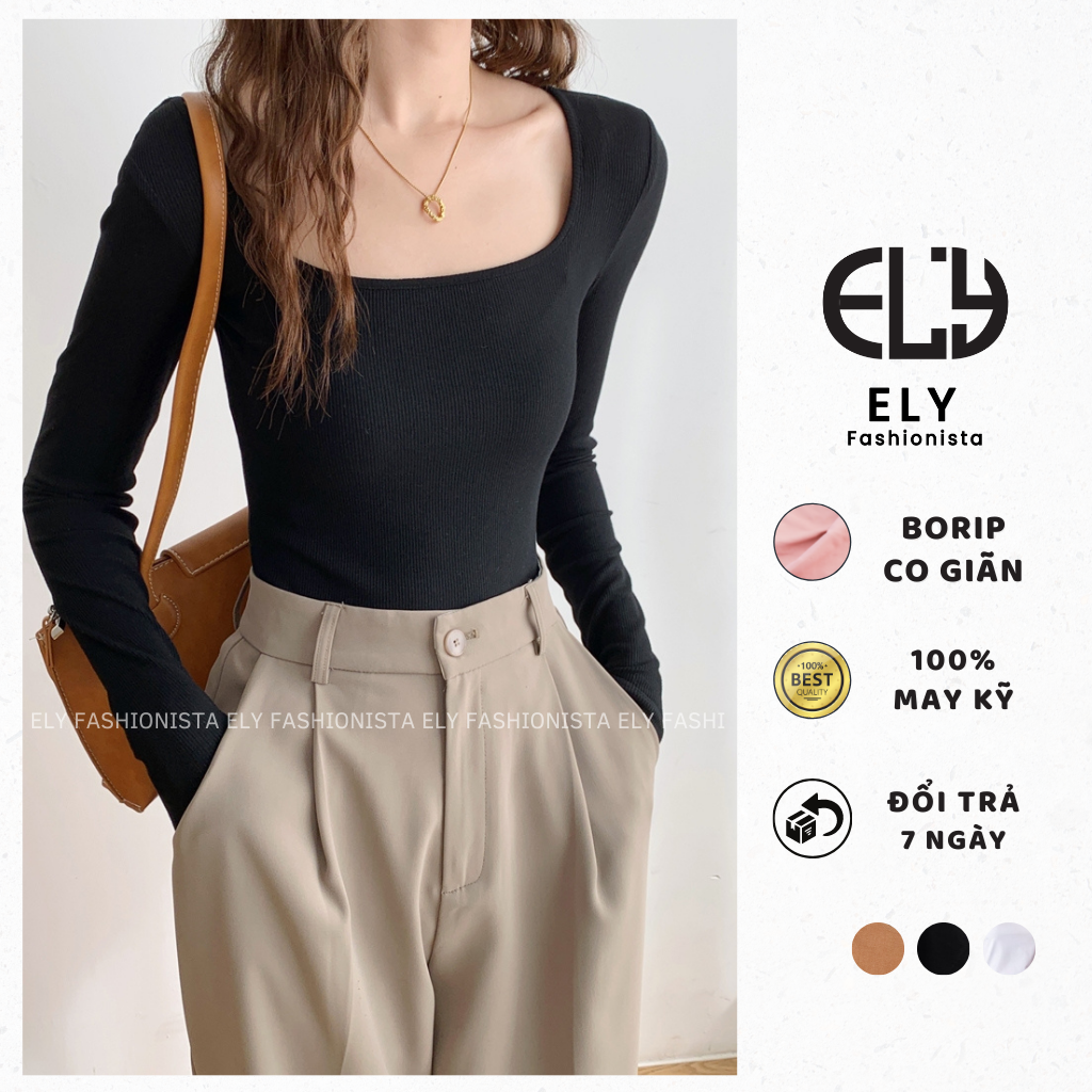 Áo croptop tay dài cổ vuông thun ôm body crotop nữ vải cotton borip co giãn tốt ELY204